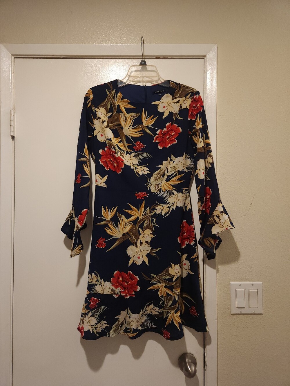 ambition Navy Floral Long-Sleeve Dress with Red & Cream Blooms
